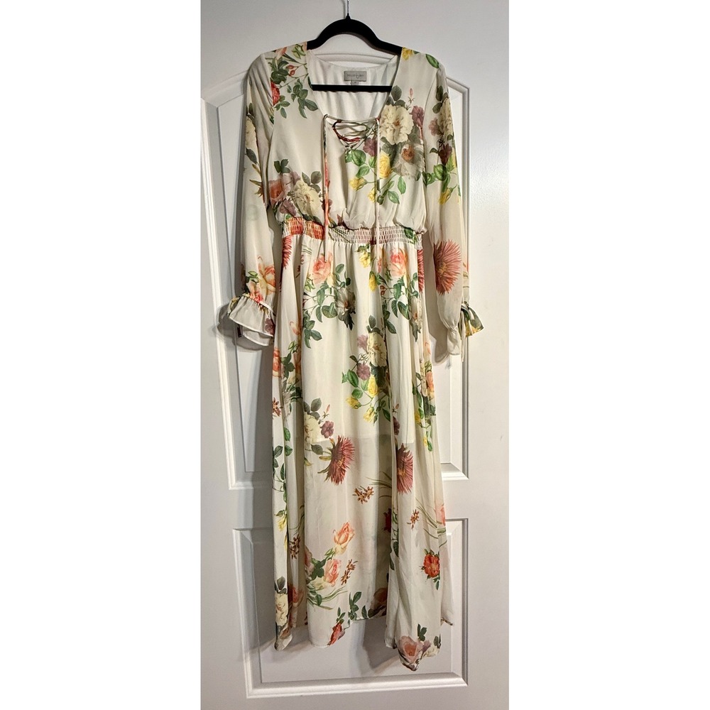 Belle Sky Floral Maxi Dress Size Medium Cream Chiffon Lace Up Whimsical Boho